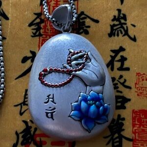 Tibetan Silver Pendant with Blue Lotus Buddha hand